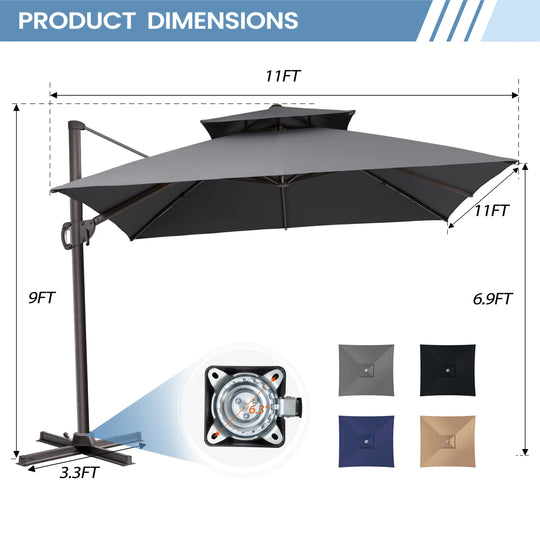 11 X 11 FT Outdoor Square Patio Cantilever Offset Umbrella with Crank and 360 Degrees Rotation