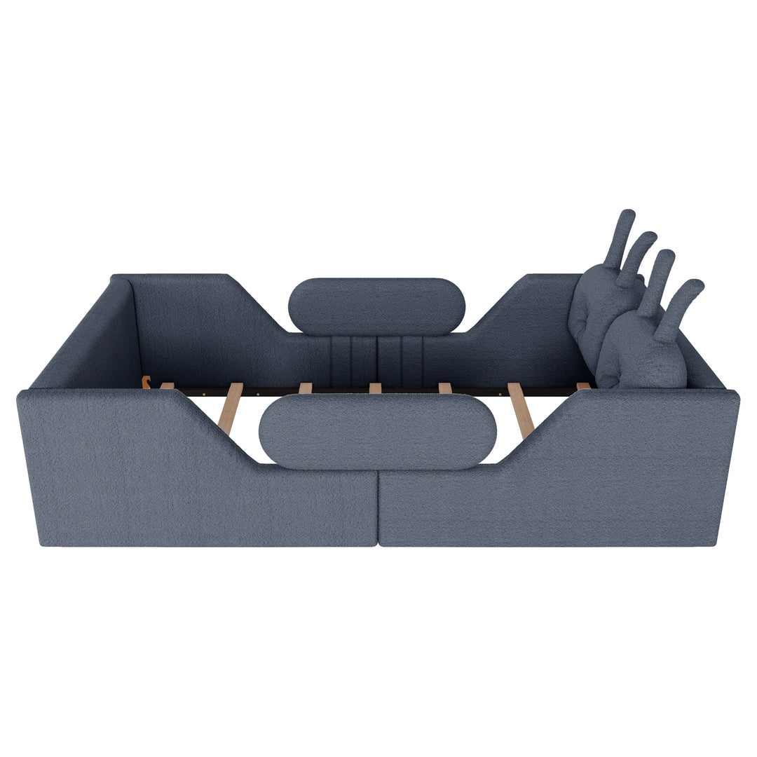Twin Size Upholstered Platform Bed with Rabbit Cushion, Floor Upholstered Bed with Removable Side Rails