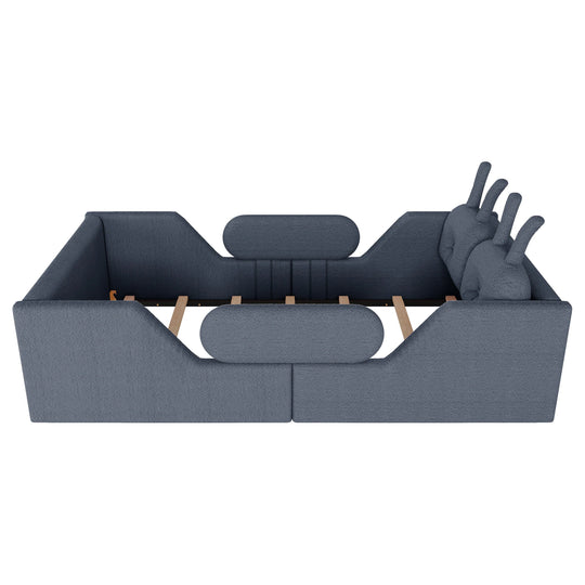 Twin Size Upholstered Platform Bed with Rabbit Cushion, Floor Upholstered Bed with Removable Side Rails