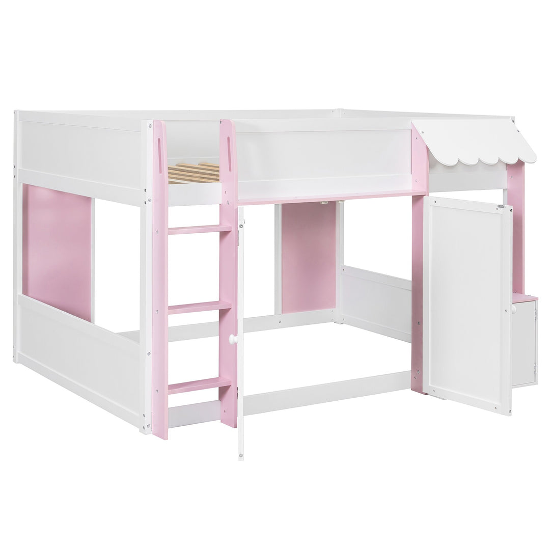 Full Loft House Bed with Playhouse Storage Modern Wood Cabin Bed for Kids