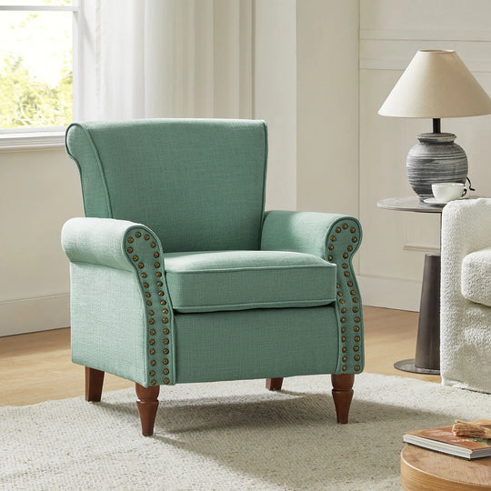 Nyctelius Upholstered Comfy Accent Chair with Turned Wooden Legs and Nailhead Trim Set of 2 by