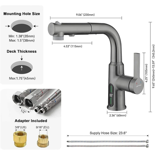 Single Hole Liftable Bathroom Faucet with Temperature Display in Fahrenheit, 3 Water Modes, BF2501