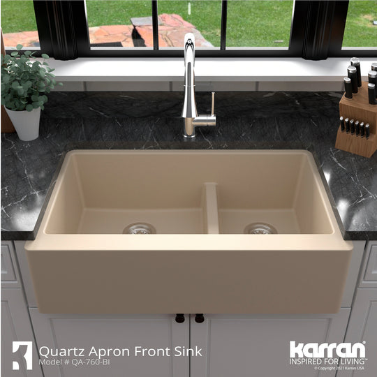 Farmhouse/Apron-Front Quartz Double Bowl Kitchen Sink
