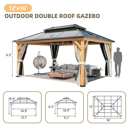 Hardtop Wood Gazebo with Double Roof – Free Dust Cover with 12X16 or 12X20 Model – Waterproof Outdoor Gazebo