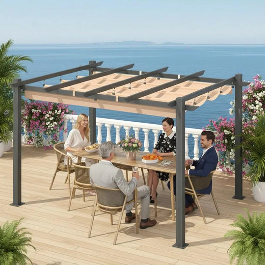 10' X 13' Outdoor Pergola with Retractable Canopy, Heavy-Duty Metal Frame and Adjustable Patio Shade Roof