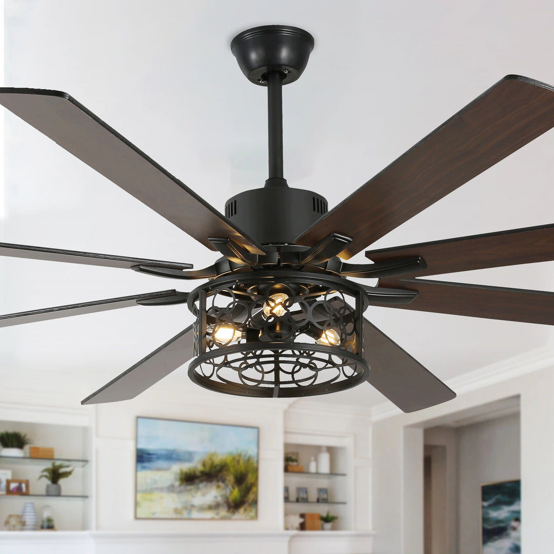 72" Rustic Large Ceiling Fan with Light and Remote 6-Speed 3-Light Farmhouse Metal Caged Black Ceiling Fan