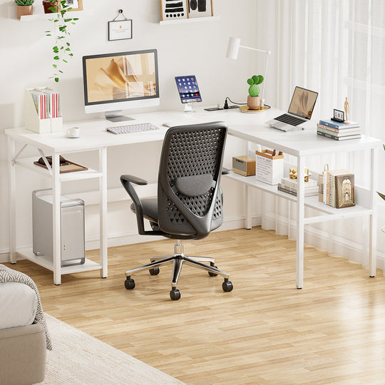 Reversible L Shaped Desk with Storage Shelves, Home Office Corner Desk with Charge Station
