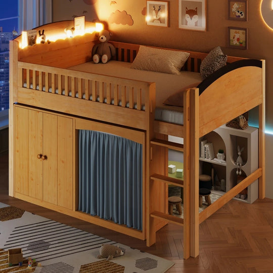 Loft Bed with Storage Cabinet and LED