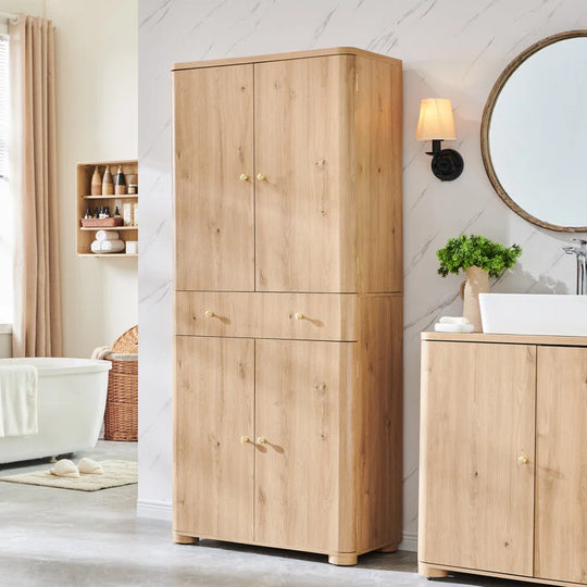 71" Tall Bathroom Storage Cabinet, Modern Curved Bathroom Cabinet with 4 Doors and 6 Adjustable Shelves, Cupboard for Kitchen, Dining Room, Living Room and Bathroom