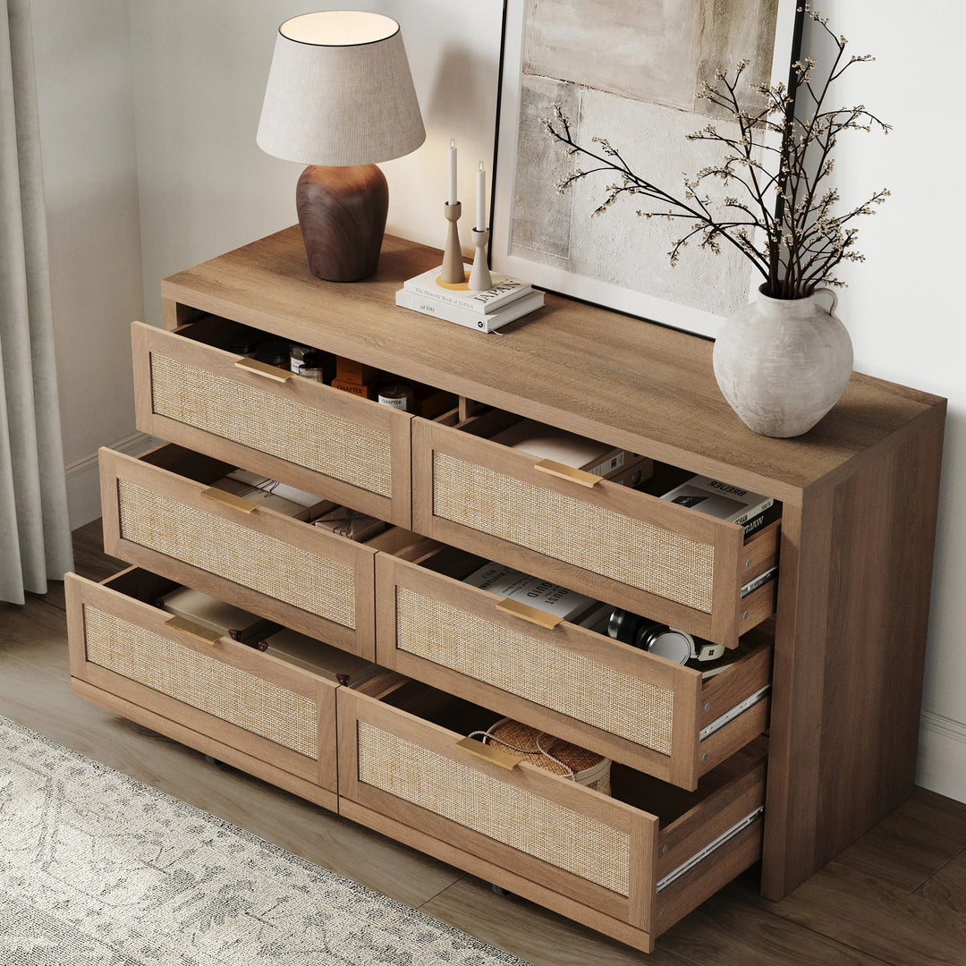 Elegant Right Angled Dresser with 6 Rattan Woven Drawers