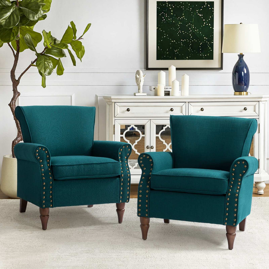 Nyctelius Upholstered Comfy Accent Chair with Turned Wooden Legs and Nailhead Trim Set of 2 by