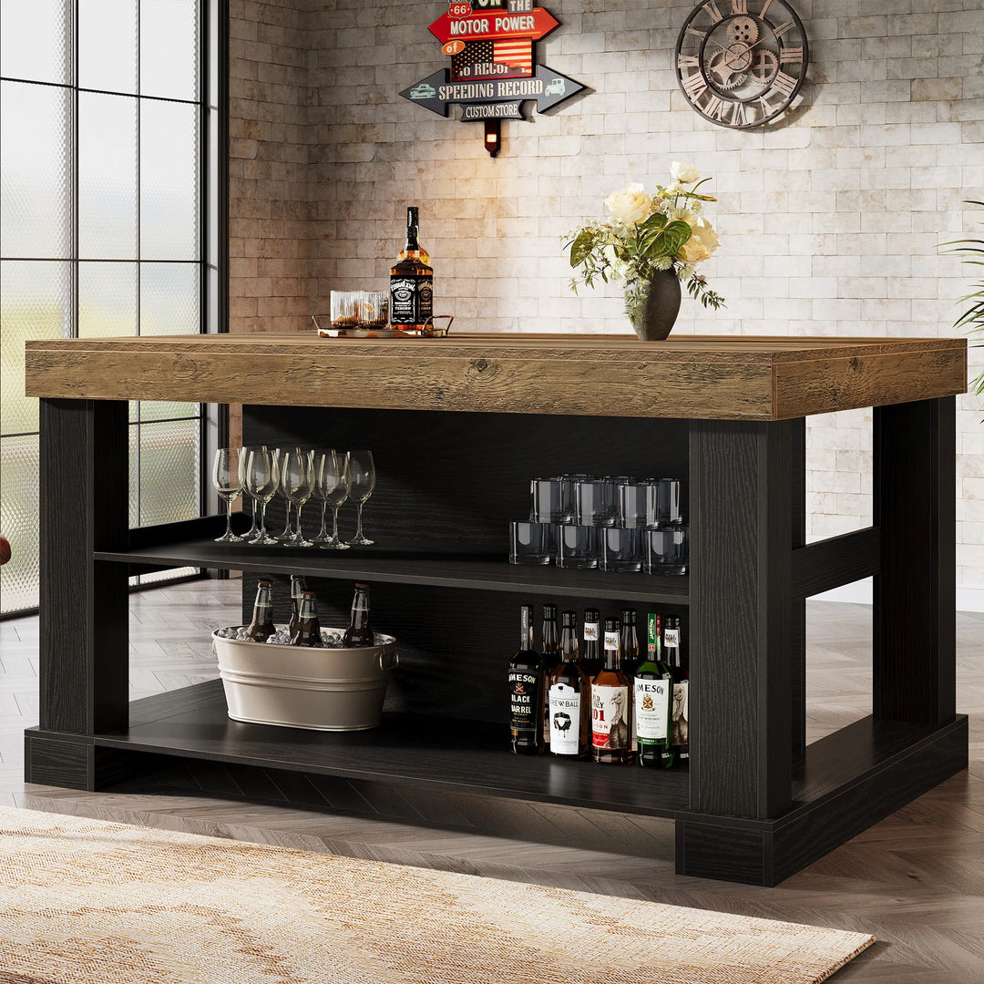 55-Inch Stationary Kitchen Island with Storage Shelves and Large Worktop, Farmhouse Style, Light Brown