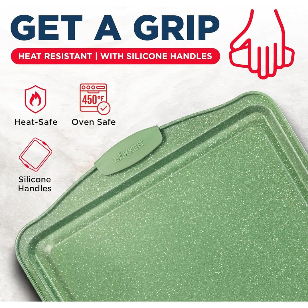 BAKKEN Kitchen Baking Pan Set - Nonstick Green Marble Coating, Carbon Steel Bakeware Sets with Green Silicone Handles,