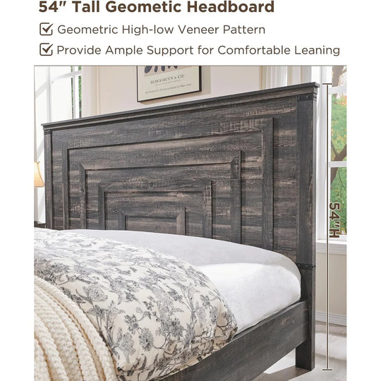 Farmhouse Wood Bed Frame with 54" Tall Headboard, 2 Large Drawers