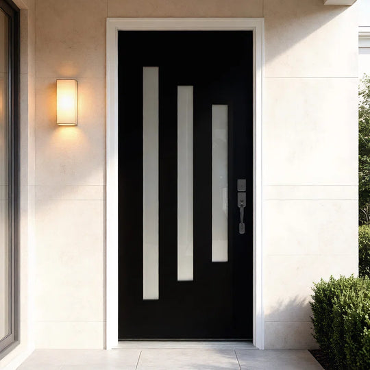 36" X 80" Modern Black Fiberglass Front Entry Door with Vertical Frosted Glass Design