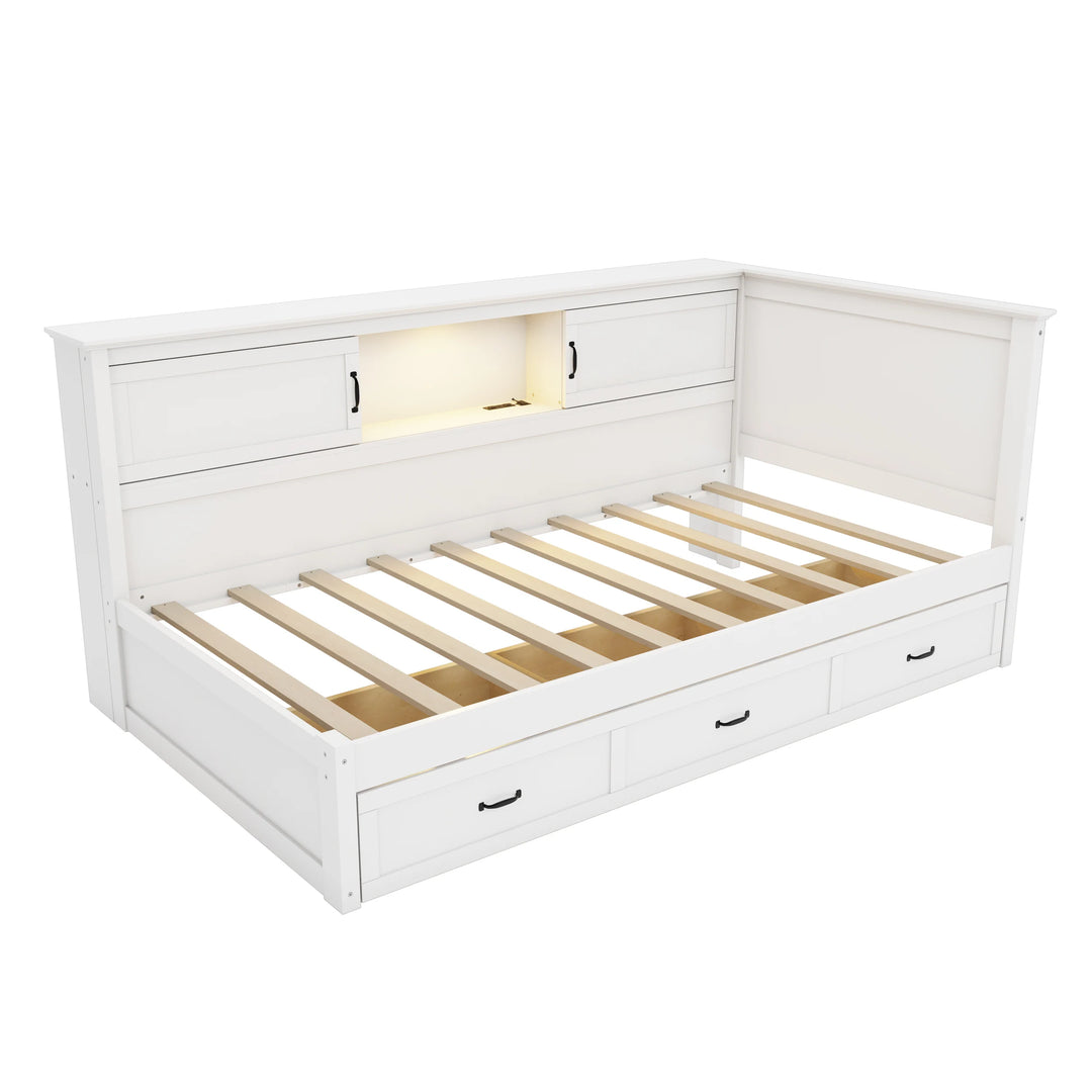 L-Shaped Corner Bed Frame with Drawer, Bookcase, LED Downlight and USB Port