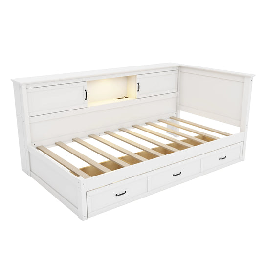 L-Shaped Corner Bed Frame with Drawer, Bookcase, LED Downlight and USB Port