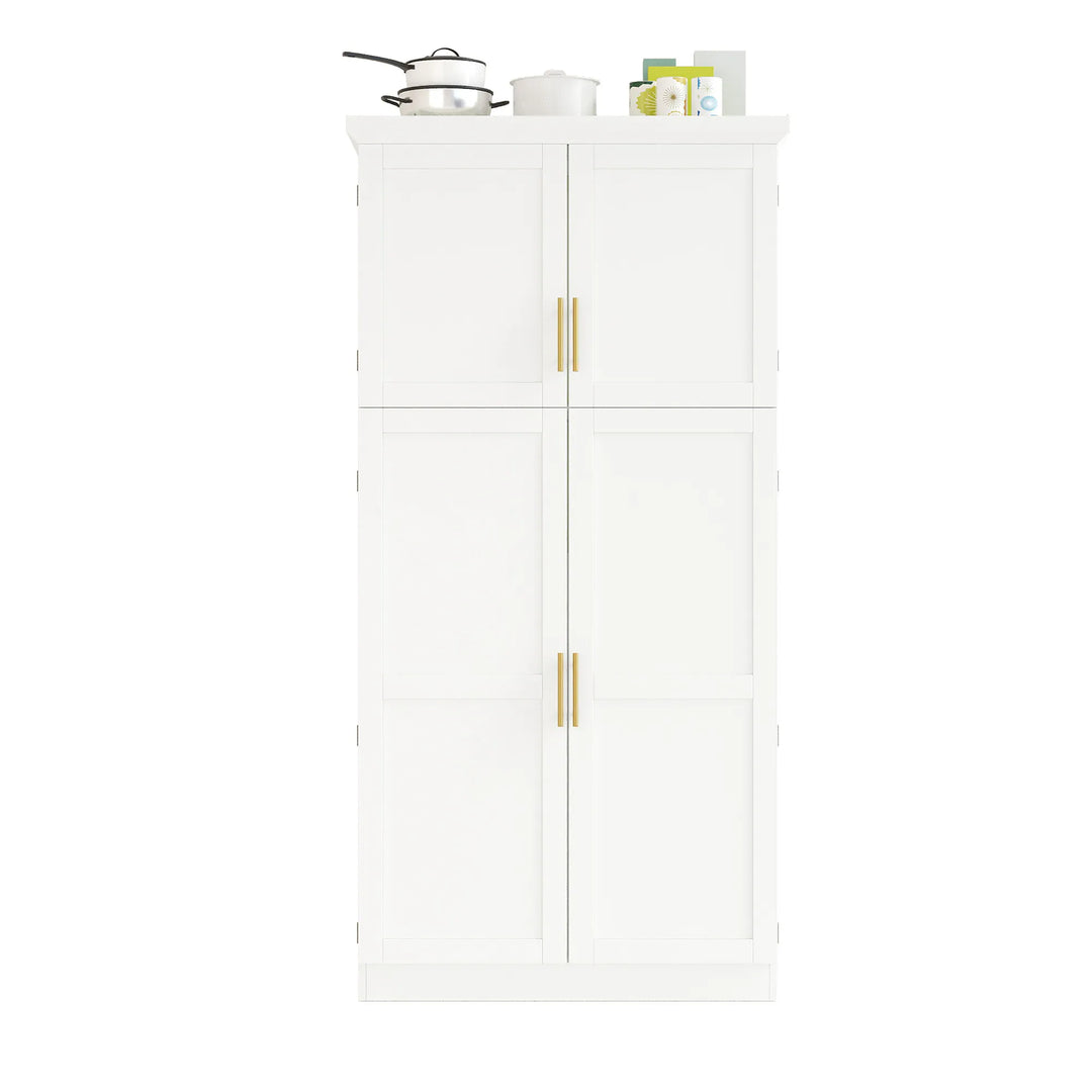 Tall Kitchen Pantry Cabinet with Pull-Out Trays - 35.5" 4-Door Storage Unit, Adjustable Shelves for Dining Room