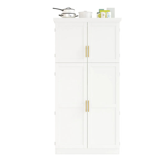 Tall Kitchen Pantry Cabinet with Pull-Out Trays - 35.5" 4-Door Storage Unit, Adjustable Shelves for Dining Room