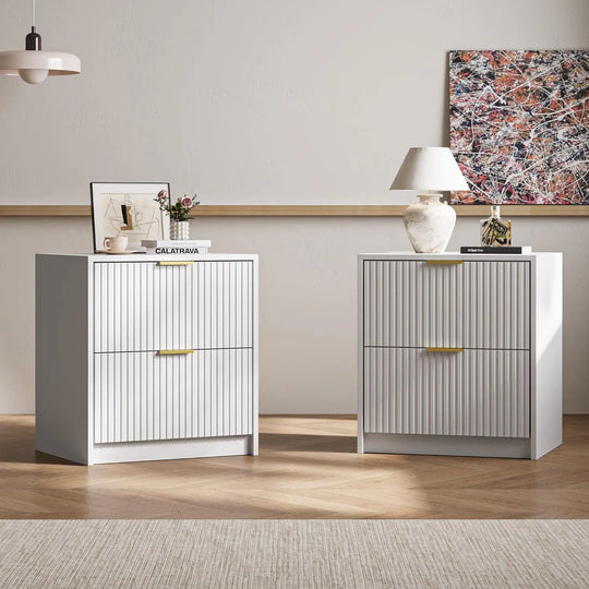 Set of 2 Fluted Nightstand with 2 Drawers, Modern Storage Bedside Table Wooden End Table for Bedroom