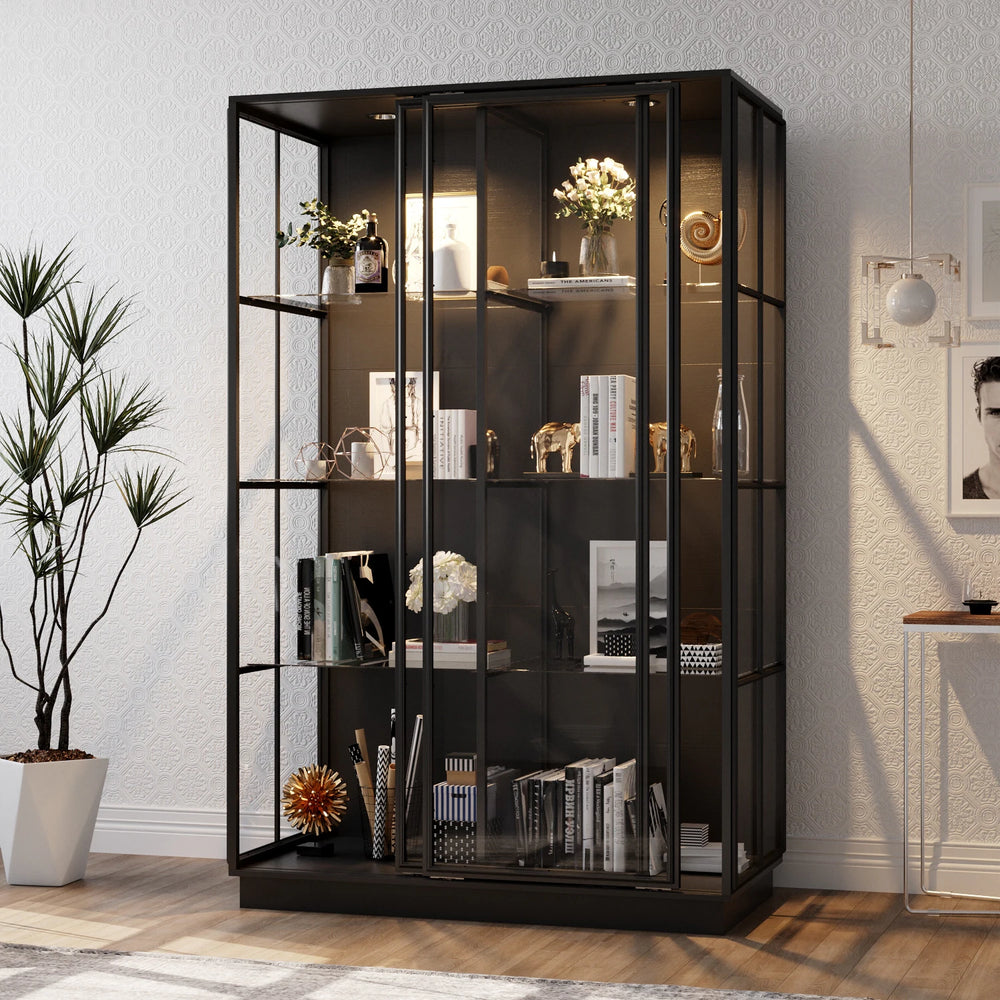 Modern Glass Curio Display Cabinet 4 Tier Display Case with Lights & Doors