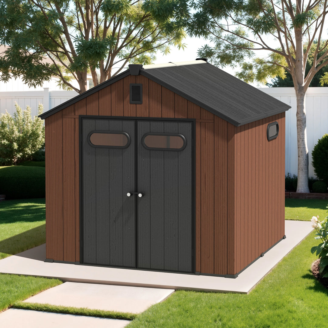 8X8/8X10/8X12 FT All-Weather Outdoor Resin Lockable Storage Shed with Windows Floor for Patio Furniture and Tools