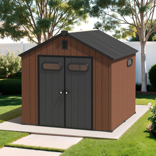 8X8/8X10/8X12 FT All-Weather Outdoor Resin Lockable Storage Shed with Windows Floor for Patio Furniture and Tools
