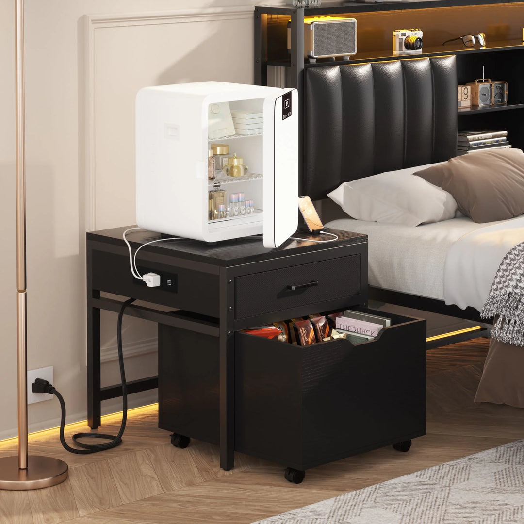 Modern Farmhouse Nightstand with Charging Station, Living Room End Table with Rolling Cabinet