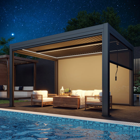 Outdoor Louvered Pergola Gazebo with Adjustable Aluminum Rainproof Roof and Pull-Down Screen