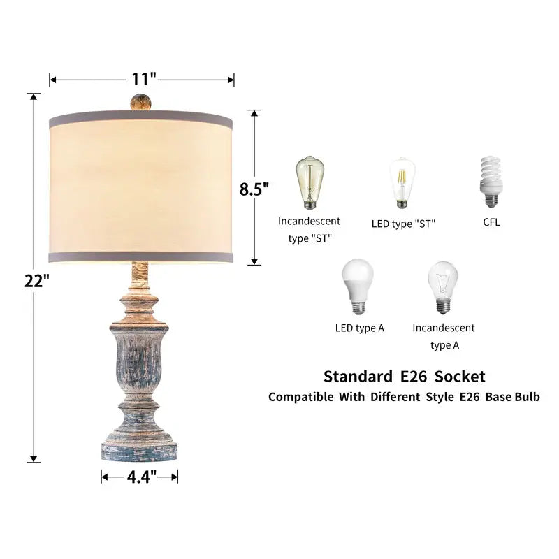 22" Rustic Table Lamp Set with Fabric Shade(Set of 2) - W11" * H 22"