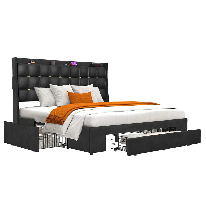Queen/King Size Velvet Upholstered Bed with Charging Station and Storage Drawers