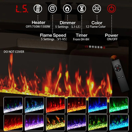 80" Fireplace TV Stand with Adjustable LED Lights, Modern Entertainment Center with Glass Door Storage Cabinet, Black