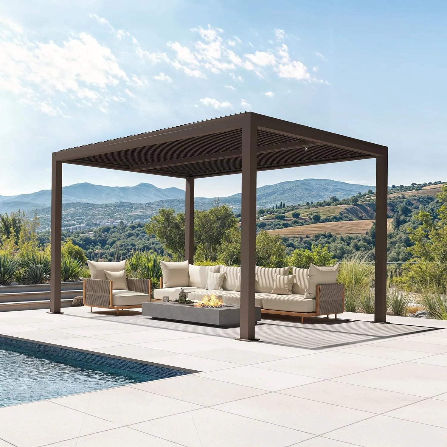 Bronze Louvered Pergola with Adjustable Roof for Deck Backyard Garden Hardtop Gazebo