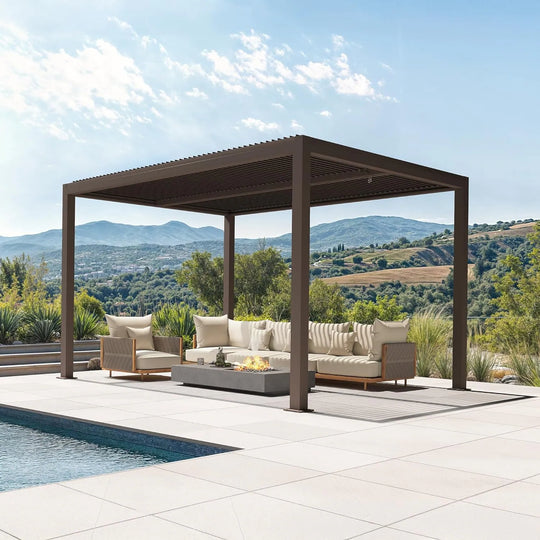 Bronze Louvered Pergola with Adjustable Roof for Deck Backyard Garden Hardtop Gazebo