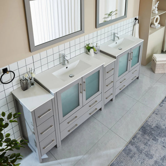 96" Double Sink Bathroom Vanity Set 10 Dove-Tailed Drawers, 3 Cabinets, 2 Shelves Soft-Closing Doors with Free Mirror