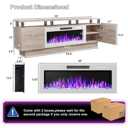 70" Modern Electric Fireplace TV Stand, with Electronic Flame and LED Lights, High Gloss Finish Entertainment Center