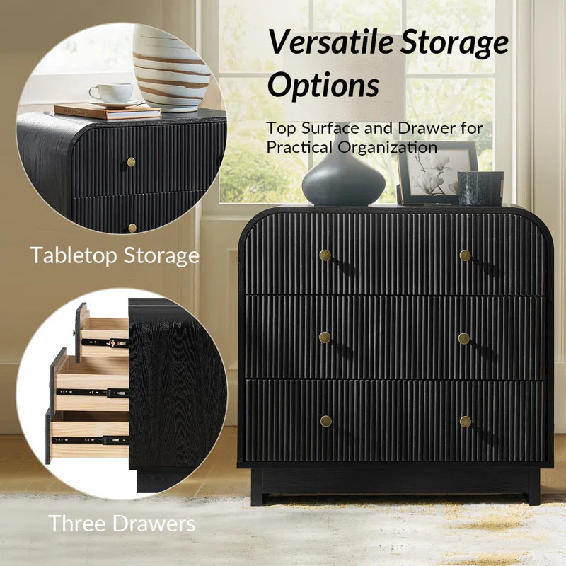 Melisa Modern 28"W 3-Drawer Fluted Curved End Table Simple Assemblly with Charging Station
