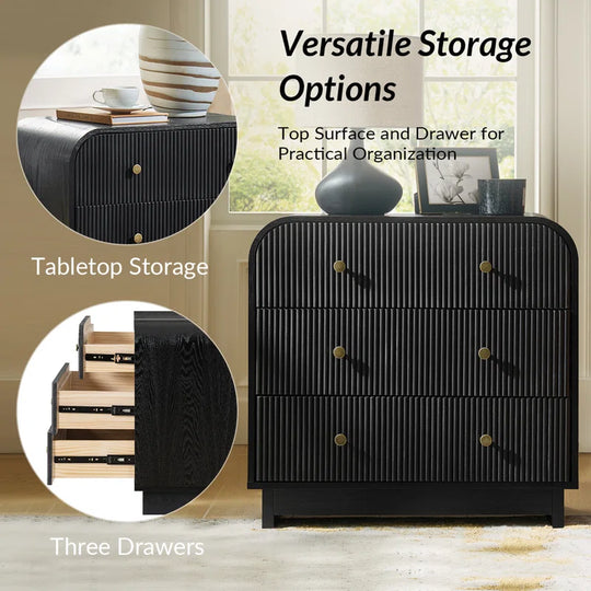 Melisa Modern 28"W 3-Drawer Fluted Curved End Table Simple Assemblly with Charging Station