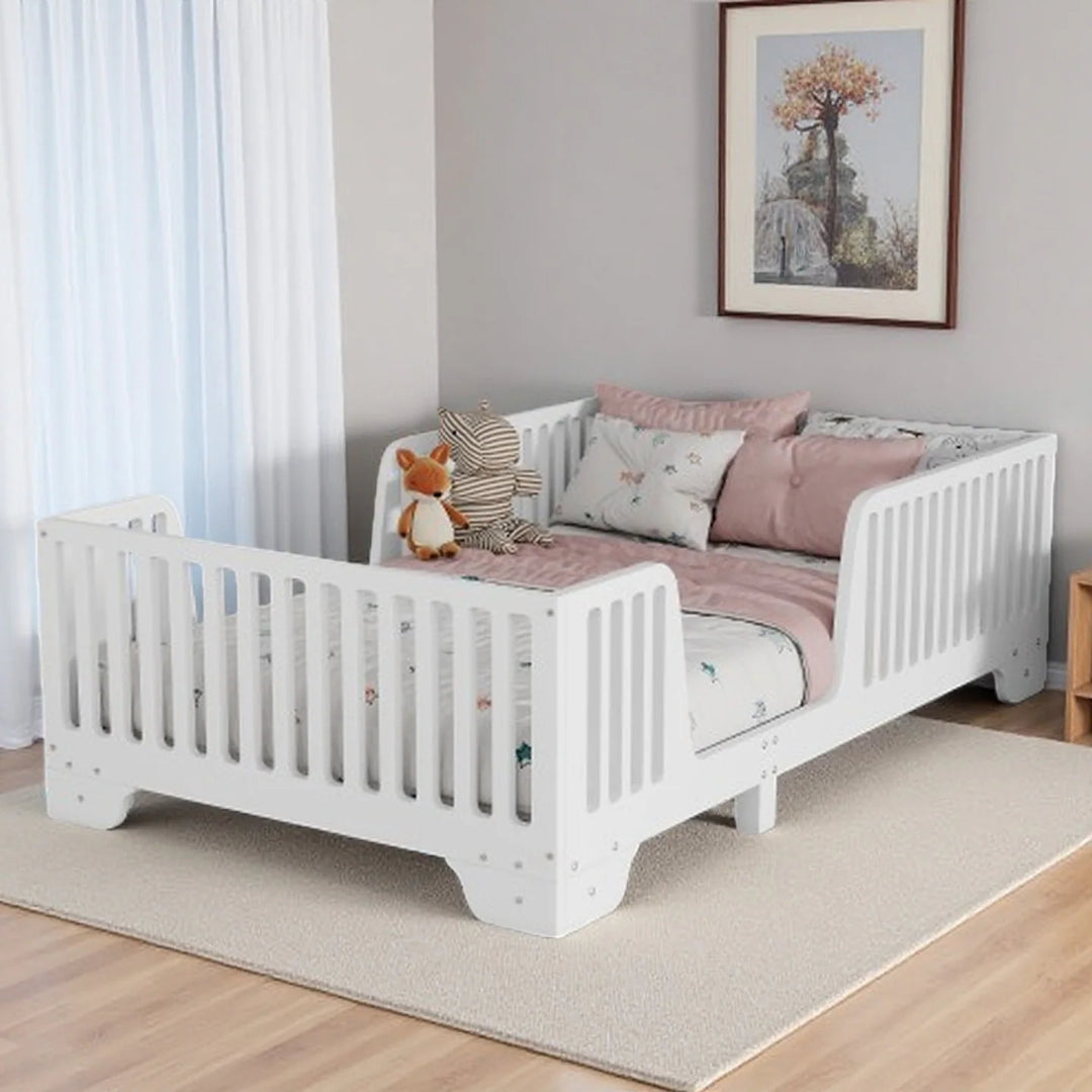 Full Size Montessori Floor Bed Frame with Safety Rails and Removable Door, Low Profile Kids Bed with Slatted Support