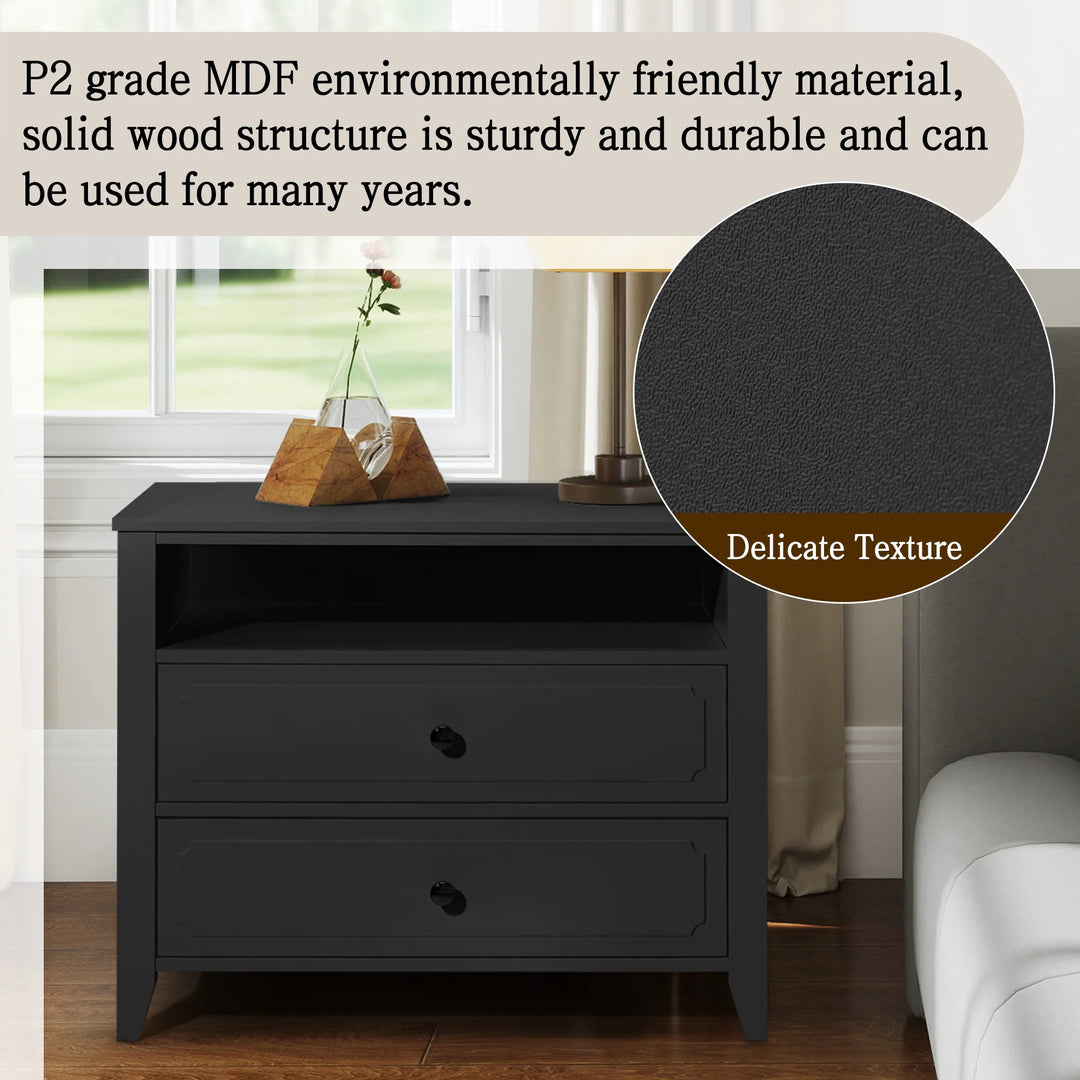 Wide Nightstand – 2‑Drawer Bedside Table with Open Shelf, MDF Wood End Table for Bedroom Living Room