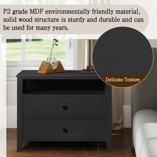 Wide Nightstand – 2‑Drawer Bedside Table with Open Shelf, MDF Wood End Table for Bedroom Living Room