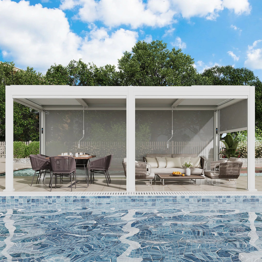 Outdoor Louvered Pergola Gazebo with Adjustable Aluminum Rainproof Roof and Pull-Down Screen