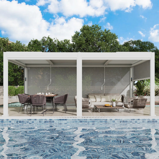 Outdoor Louvered Pergola Gazebo with Adjustable Aluminum Rainproof Roof and Pull-Down Screen