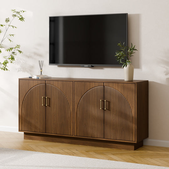 Mid-Century Fluted TV Stand with Storage Fits Tvs up to 75", Entryway Console, Sideboard - 15.7"D X 65"W X 31.5"H