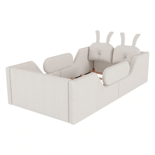 Twin Size Upholstered Platform Bed with Rabbit Cushion, Floor Upholstered Bed with Removable Side Rails