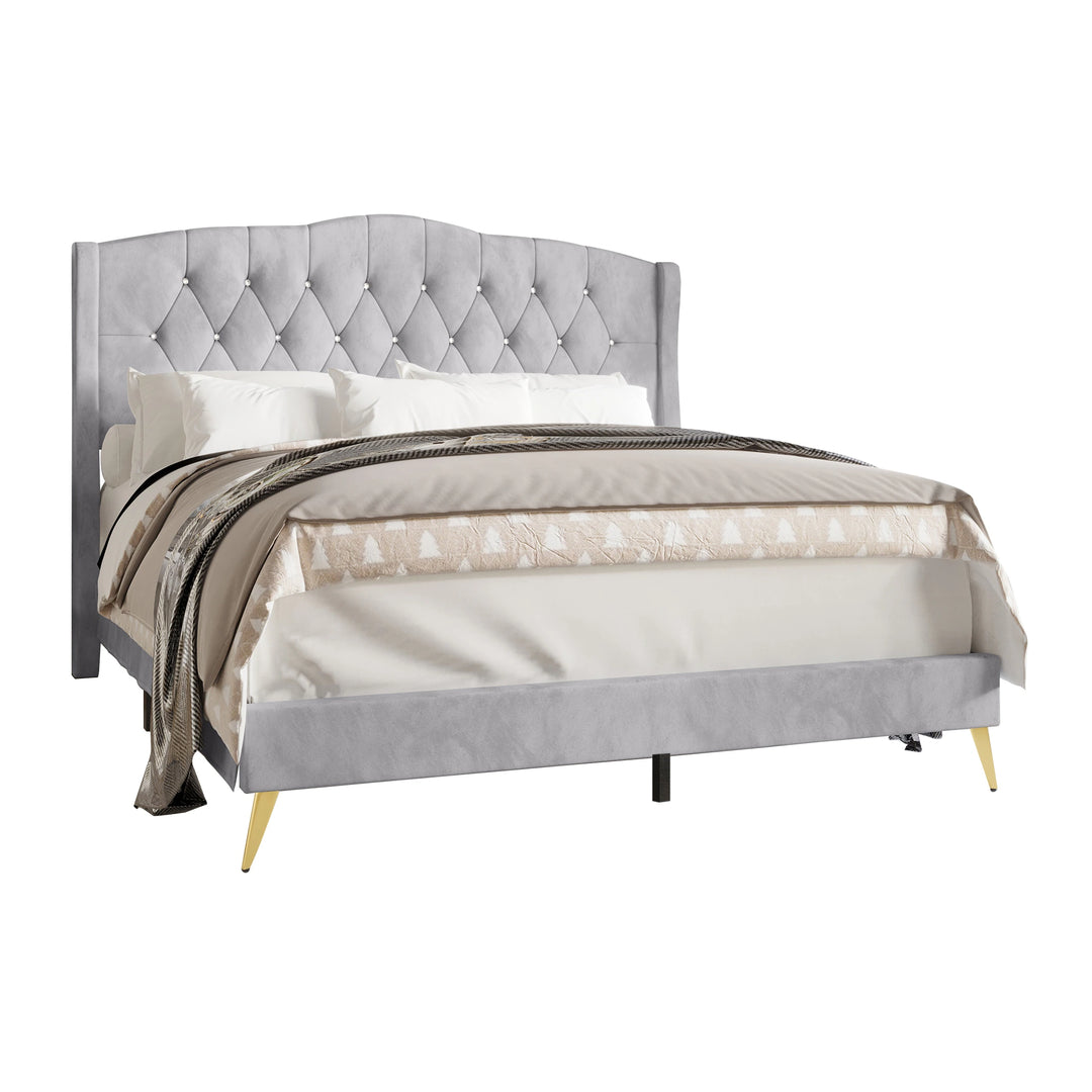 Velvet Diamond Button Tufted Upholstered Platform Bed
