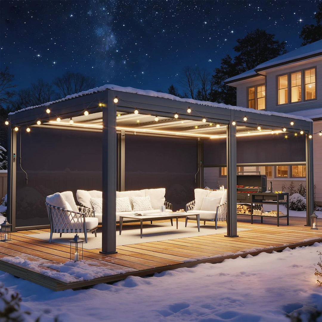 Outdoor Louvered Pergola Gazebo with Adjustable Aluminum Rainproof Roof and Pull-Down Screen