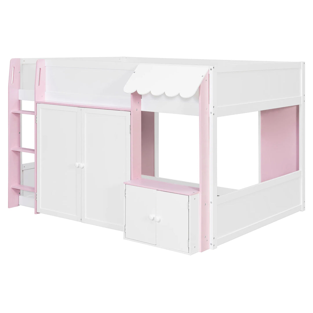 Full Loft House Bed with Playhouse Storage Modern Wood Cabin Bed for Kids