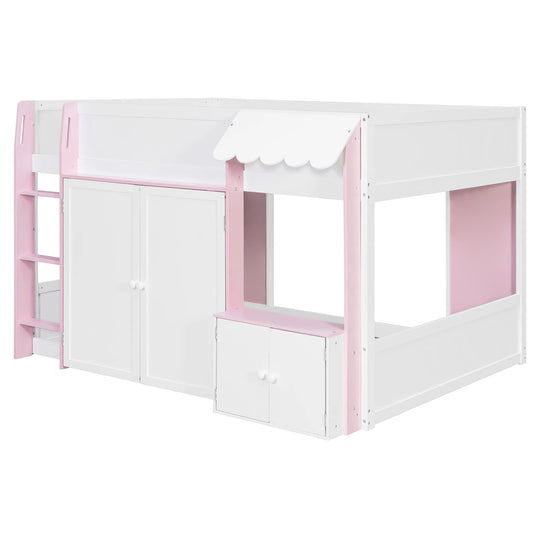 Full Loft House Bed with Playhouse Storage Modern Wood Cabin Bed for Kids