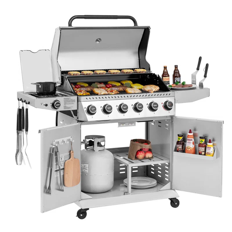6-Burner BBQ Liquid Propane Gas Grill with Sear Burner and Side Burner, White